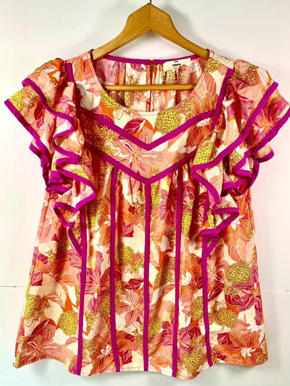 Entro blouse vibrant pink orange floral short ruffled flutter sleeves & piping